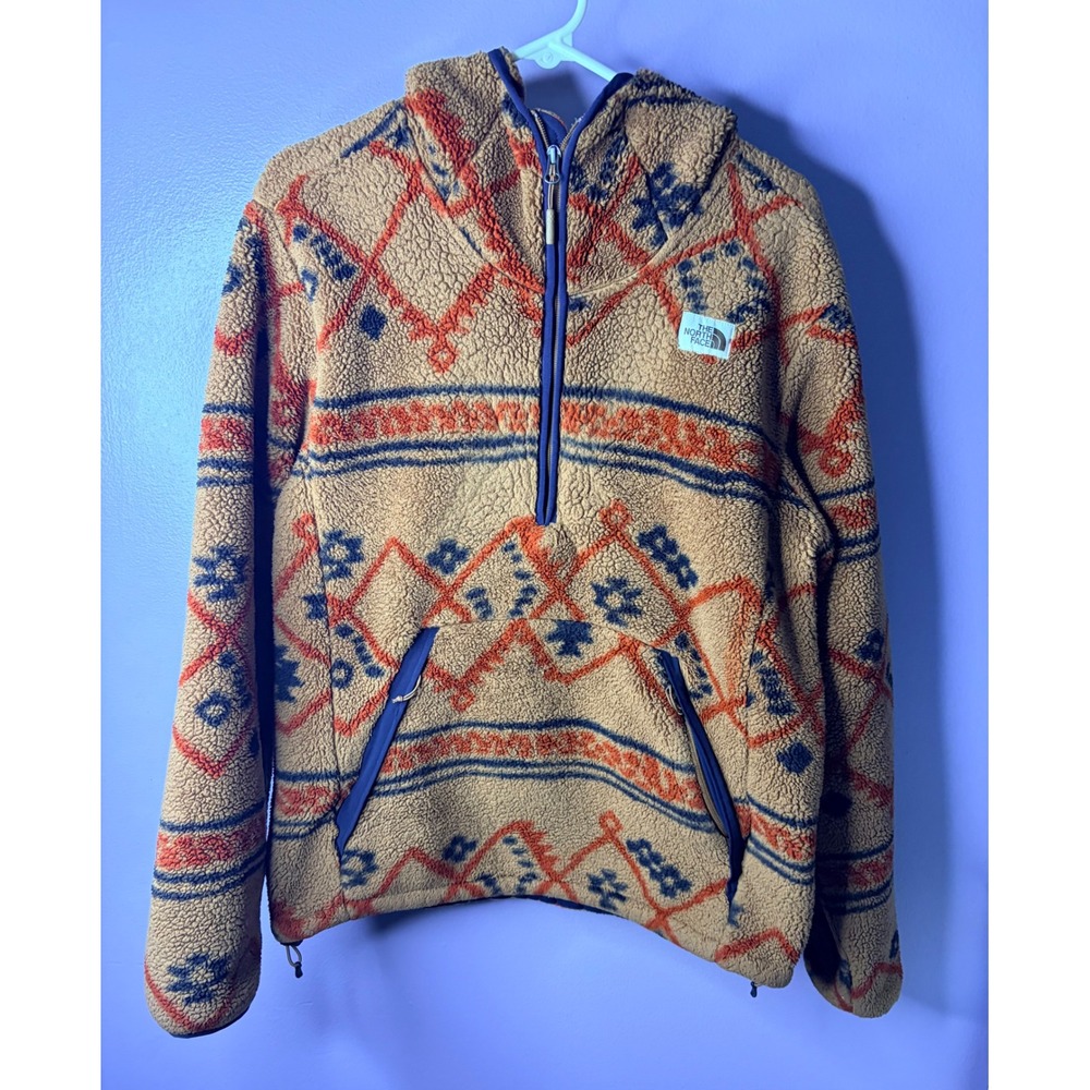 The North Face Mens Campshire Pullover Hoodie Sherpa Fleece Aztec Tan Orange M